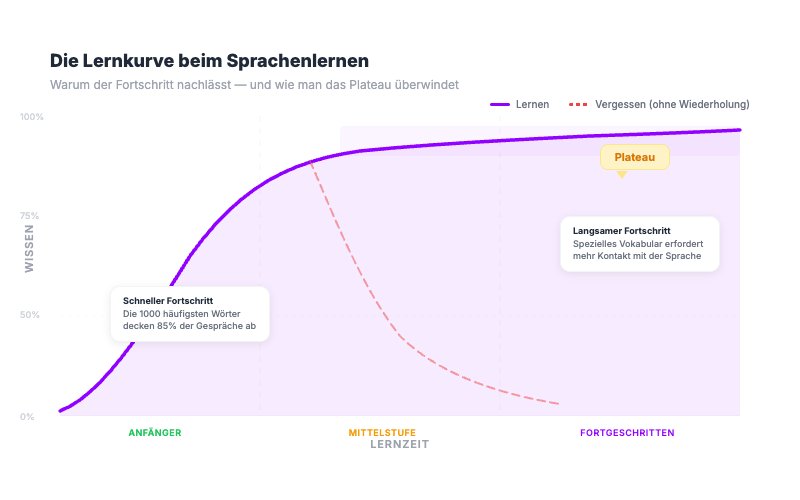 Grafik der Sprachlernkurve mit schnellem Fortschritt am Anfang und Plateau auf mittlerem Niveau