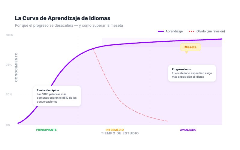 Gráfico de la curva de aprendizaje de idiomas mostrando progreso rápido al inicio y meseta en nivel intermedio