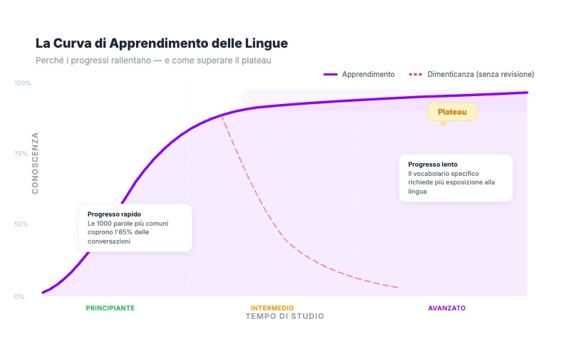 Grafico della curva di apprendimento delle lingue che mostra progresso rapido all'inizio e plateau al livello intermedio