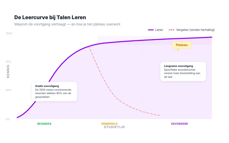Grafiek van de taalleeercurve met snelle vooruitgang in het begin en een plateau op gemiddeld niveau